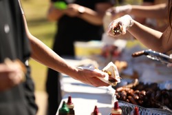 Series of bbq cookout grill images depicting sausages, steak and fried onion sandwiches. Sausage sizzle and snag sangas. 