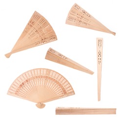 Collection of wooden fan isolated on white background
