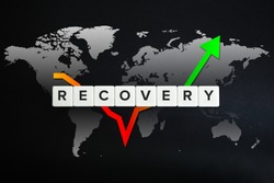 Global economy recovery concept. Financial, industrial, business and market sector comeback and upturn. Block letters, stock chart and world map on black background.