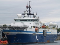 A Norwegian seismic research vessel lies at Ogdon Point wharf off of Victoria BC.  Length: 105 m  Gross Tonnage: 9811 Launched: 1993 as a trawler and refit to current application 2007