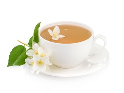 Cup of green tea with jasmine flowers isolated on white background