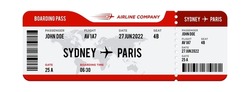 Red and white Airplane ticket design. Realistic illustration of airplane boarding pass with passenger name and destination. Concept of travel, journey or business trip. Isolated on white background