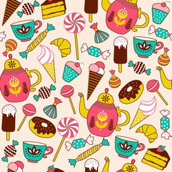 Seamless pattern with candy, donuts sweet icecream and other elements. Hand drawn vector illustration.