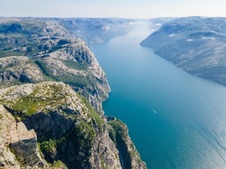 Beautiful norwegian landscape facing to lysefjord on the way to Preikestolen, the famous pulpit rock in Norway