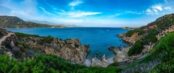 Panorama of the mountain sea coast. Coastal panorama. Sea island panoramic landscape. Coastal sea island panorama