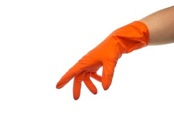 Hand wearing orange rubber glove as Michelangelo Creation of Adam, isolated. Signs with the fingers of the hand on white background.