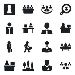 Set of vector isolated black icon - female vector, pedestal, meeting, manager place, doctor, company, desk, client search, estate agent, waiter, group