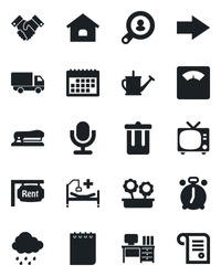 Set of vector isolated black icon - alarm clock vector, trash bin, tv, right arrow, desk, notepad, watering can, rain, scales, hospital bed, car delivery, microphone, calendar, handshake, stapler