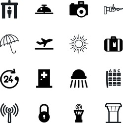 airport vector icon set such as: clock, voyage, abstract, plan, controller, protect, bell, blueprint, first, showering, data, hygiene, international, long, assistance, case, baggage, bath, bathing