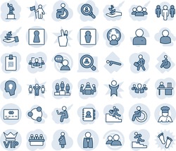 Blue tint and shade editable vector line icon set - male vector, female, vip, disabled, credit card, pedestal, meeting, pregnancy, push ups, speaker, group, user, identity, hr, manager desk, waiter
