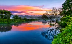 River water in beautiful sunset fog landscape view