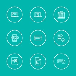Money payment icons set with mobile payment, virtual banking and credit card elements. Set of money payment icons and virtual banking concept. Editable vector elements for logo app UI design.