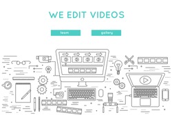 video edit and post production thin line vector banner. website design for professional movie production, film shooting, broadcast, internet posting