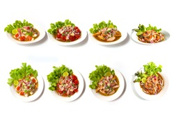 Collection set of Spicy salad (Yum Thai style) Traditional spicy -hot seafood, egg Thai food. Thai cuisine delicious food popular of Thailand decorate of vegetable salad Isolated on white background
