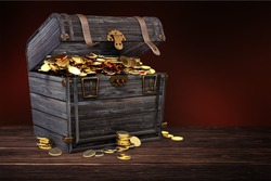 Treasure box with coins on background