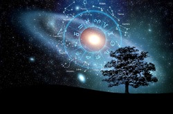 Zodiac signs inside of horoscope circle. Astrology in the sky, horoscopes concept