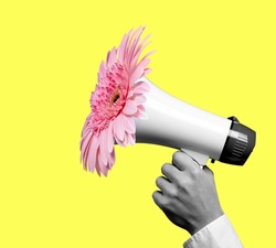 Male hand with flowers in a megaphone. Contemporary art collage.