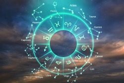 Zodiac signs inside of horoscope circle. Astrology and horoscopes.