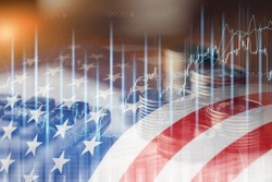 Stock market investment trading financial, coin and USA America flag for analyze finance business trend