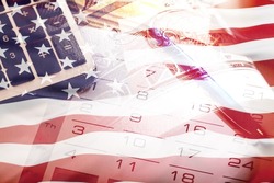 Investments in the United States. Economy and finance. Investments in American assets. American flag and stock charts. American dollars. Money, quotes, capital.