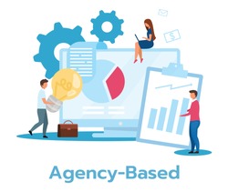 Agency based business model flat vector illustration. Partnership, cooperation. Coworking companies. Outsourcing. Financial statistics, annual report. Isolated cartoon character on white background