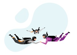 Accelerated free-fall flat vector illustration. Skydiving tandem. Extreme sports. Active lifestyle. Outdoor activities. Sportsman, sportswoman, skydivers isolated cartoon character on blue background
