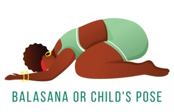 Balasana flat vector illustration. Child's pose. African American, dark-skinned woman performing yoga posture. Workout, fitness. Physical exercise. Isolated cartoon character on white background