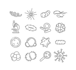 Bacteria thin line vector icons set. Pathogen linear illustrations. Microbiological research. Microorganisms of various shapes under microscope. Bacterial cells isolated outline pack