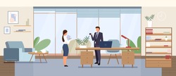 Business office flat color vector illustration. Corporate manager, company CEO cabinet 2D cartoon interior design with characters on background. Businessman with secretary, personal assistant
