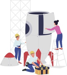 Spaceship building semi flat color vector characters. Rocket designing. Full body people on white. Spacecraft structure isolated modern cartoon style illustration for graphic design and animation