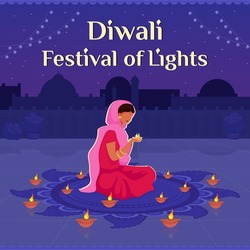 Festival of Lights social media post mockup. Diwali, Festival of Lights phrase. Web banner design template. Deepavali booster, content layout with inscription. Poster, print ads and flat illustration