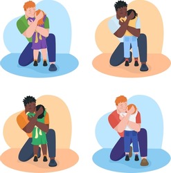 Emotional bonding with kids 2D vector isolated illustration set. Fathers hugging children flat characters on cartoon background. Expressing warmth and affection colourful scenes collection