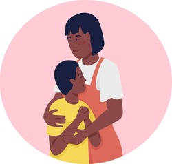 Parent and child bonding 2D vector isolated illustration. Smiling mother hugging teen son flat characters on cartoon background. Showing affection and support importance colourful scene