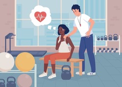 Panic attack at gym flat color vector illustration. Coach tries to reassure woman. Physical sensation of stress. Lady has heart attack 2D simple cartoon characters with gym on background