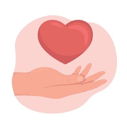 Charity 2D vector isolated illustration. Holding heart flat hand gesture on cartoon background. Volunteering and donating colourful editable scene for mobile, website, presentation