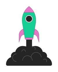 Launching rocket with dark smoke flat line color vector object. Spacecraft. Editable lineart icon on white. Simple outline cartoon style spot illustration for web graphic design and animation