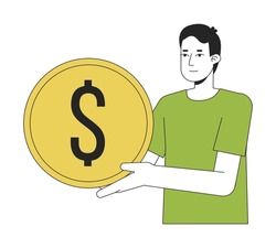 Young caucasian man holding golden coin flat line color vector character. Editable outline half body person on white. Simple cartoon spot illustration for web graphic design