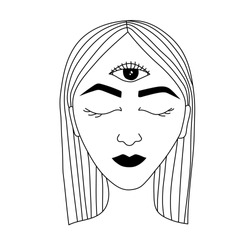 Hand-drawn portrait of a girl with the third eye. Vector outline illustration. Esoteric symbolism, abstract surreal and spiritual. Prognostication of the 3d eye. Tattoo or logo design concept