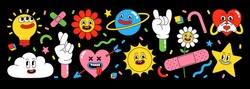 Sticker pack of funny cartoon characters. Vector illustration of comic heart, sun, planet, berry, abstract faces etc. Big set of comic elements in trendy retro cartoon style.