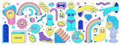 Sticker pack of funny cartoon characters, greek ancient statues, emoji and surreal elements. Vector illustration. Big set of comic elements in trendy psychedelic weird cartoon style.