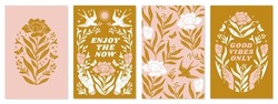 Boho mystical vector posters with inspirational quotes about energy and good vibes. Enjoy the now. Good vibes only. Hands, flower, bird, sun in trendy bohemian celestial style. Pink and gold colors.