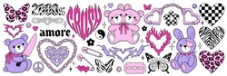 Y2k glamour pink stickers. Butterfly, kawaii bear, fire, flame, chain, heart, tattoo and other elements in trendy emo goth 2000s style. Vector hand drawn icon. 90s, 00s aesthetic. Pink pastel colors.
