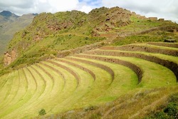 Amazing Agricultural Terraces in Pisac Archaeological Site, Sacred Valley of The Incas, Cusco region, Peru