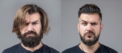 Collage man before and after visiting barbershop, different haircut, mustache, beard. Male beauty, comparison. Shaving, hairstyling. Beard, shave before, after. Long beard Hair style hair stylist