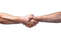 Friendly handshake, friends greeting, teamwork, friendship. Close-up. Rescue, helping gesture or hands. Strong hold. Two hands, helping hand of a friend. Handshake, arms friendship.
