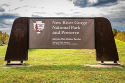 The sign at entrance to Canyon Rim Visitor Center at New River Gorge National Park and Preserve near Fayetteville, West Virginia.