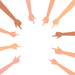 Index fingers poke, point to the center. Many hands with exposed fingers, blame, show, are directed to one point. Vector illustration, flat cartoon, eps 10, isolated on white background.