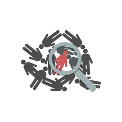 Figures of people lie on a flat surface, top view. Red man under a magnifying glass, loupe. Concept: Choice, The Chosen One, The Perfect Candidate, The Right Person, The Lucky One. Vector illustration