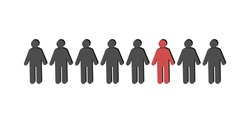 Little people in a row. The figures of people are black and one person is red. Vector illustration, flat cartoon design. isolated on white background. Concept: individual, make a choice, team, society