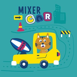 cat on the mixer truck funny animal cartoon,vector illustration
